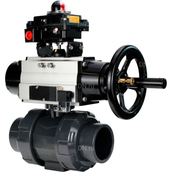 Кран шаровой BV4242E-FP-GRM-ISO Дн40 Ру10 полнопроходной, корпус - НПВХ, шар - НПВХ, уплотнение - EPDM, с пневмоприводом PA-DA-105-1, пневмораспределителем 4M310-08 DC24V и БКВ APL-410N EX в Хабаровске