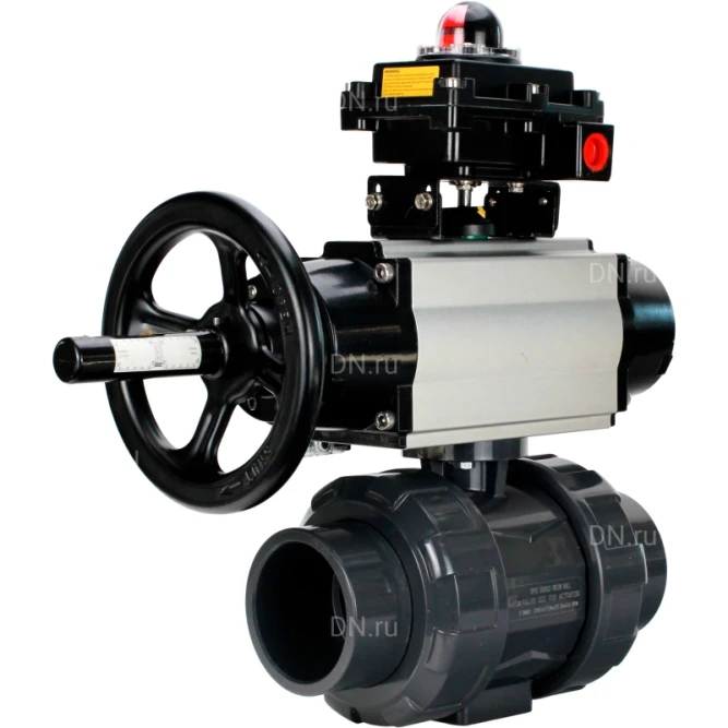Кран шаровой BV4242E-FP-GRM-ISO Дн40 Ру10 полнопроходной, корпус - НПВХ, шар - НПВХ, уплотнение - EPDM, с пневмоприводом PA-DA-105-1, пневмораспределителем 4M310-08 DC24V и БКВ APL-410N EX в Хабаровске