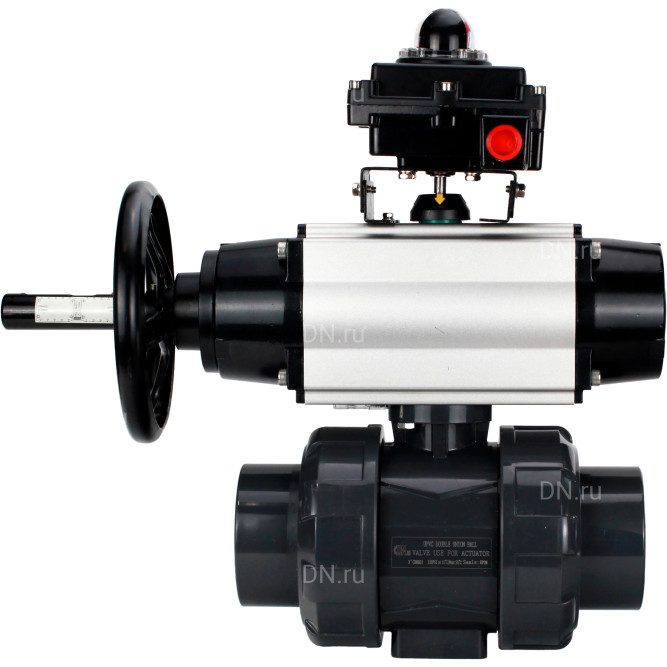 Кран шаровой BV4242E-FP-GRM-ISO Дн40 Ру10 полнопроходной, корпус - НПВХ, шар - НПВХ, уплотнение - EPDM, с пневмоприводом PA-DA-105-1, пневмораспределителем 4M310-08 DC24V и БКВ APL-410N EX в Хабаровске