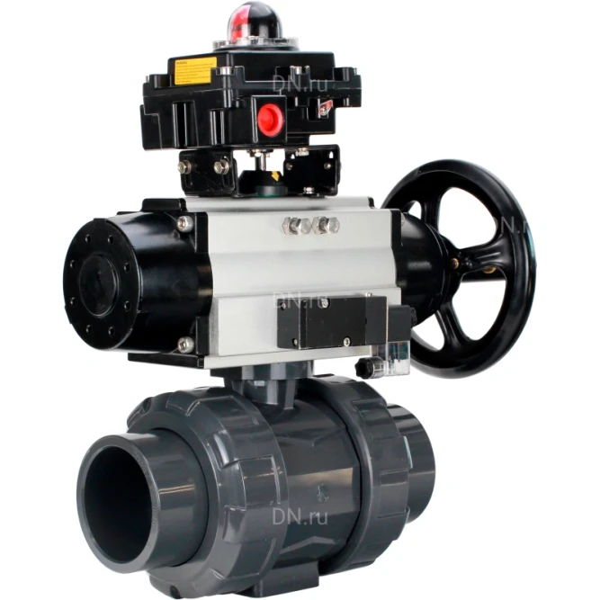 Кран шаровой BV4242E-FP-GRM-ISO Дн40 Ру10 полнопроходной, корпус - НПВХ, шар - НПВХ, уплотнение - EPDM, с пневмоприводом PA-DA-105-1, пневмораспределителем 4M310-08 DC24V и БКВ APL-410N EX в Хабаровске