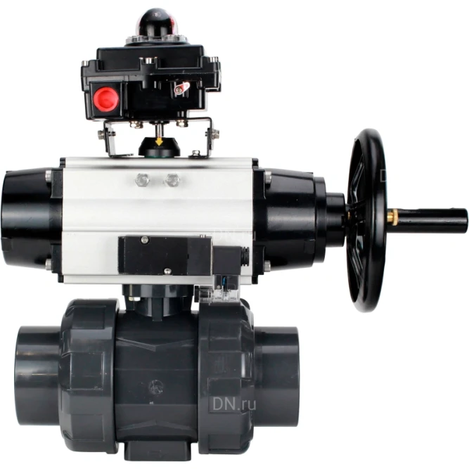 Кран шаровой BV4242E-FP-GRM-ISO Дн40 Ру10 полнопроходной, корпус - НПВХ, шар - НПВХ, уплотнение - EPDM, с пневмоприводом PA-DA-105-1, пневмораспределителем 4M310-08 DC24V и БКВ APL-410N EX в Хабаровске