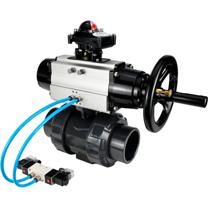 Кран шаровой BV4242E-FP-GRM-ISO Дн65 Ру10 полнопроходной, корпус - НПВХ, шар - НПВХ, уплотнение - EPDM, с пневмоприводом PA-DA-105-1, пневмораспределителем 4V320-08 AC220V и БКВ APL-210N в Хабаровске