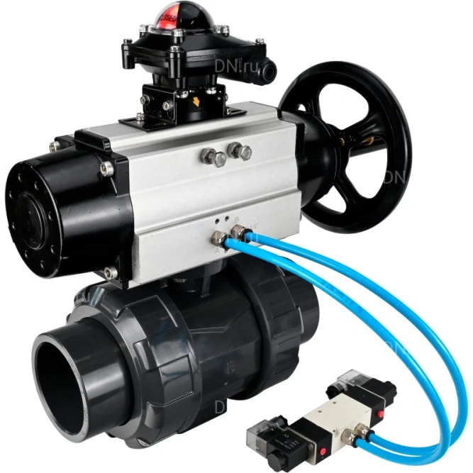 Кран шаровой BV4242E-FP-GRM-ISO Дн65 Ру10 полнопроходной, корпус - НПВХ, шар - НПВХ, уплотнение - EPDM, с пневмоприводом PA-DA-105-1, пневмораспределителем 4V320-08 AC220V и БКВ APL-210N в Хабаровске