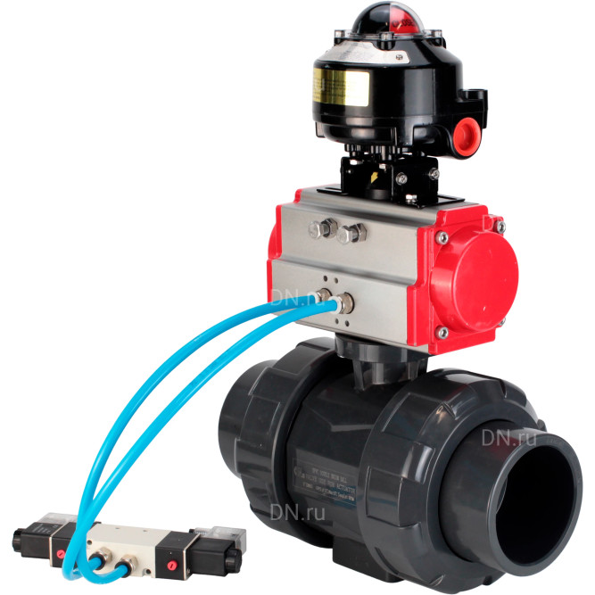 Кран шаровой BV4242E-FP-GRM-ISO Дн80 Ру10 полнопроходной, корпус - НПВХ, шар - НПВХ, уплотнение - EPDM, с пневмоприводом PA-SA-065, пневмораспределителем 4V320-08 AC220V и БКВ APL-510N EX в Хабаровске