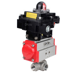Кран шаровой BV3232P(4pc)-SP-3WL-T-ISO-H Ду20 Ру63 стандартнопроходной трехходовой L-тип, нержавеющая сталь SS316, внутренняя резьба, уплотнение - PTFE, с пневмоприводом PA-DA-52 и блоком концевых выключателей APL-410N EX