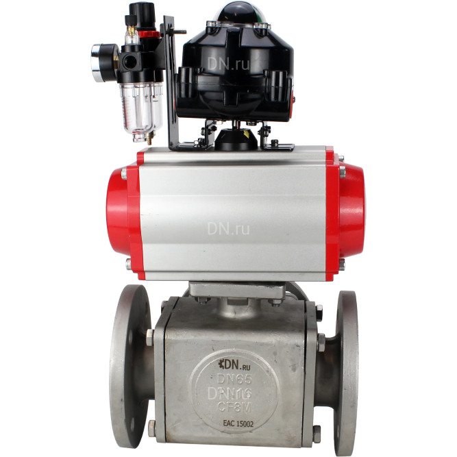 Кран шаровой BV3232P(4pc)-FP-3WL-F Ду25 Ру16 полнопроходной трехходовой, фланцевый, корпус - нержавеющая сталь SS316, с пневмоприводом PA-SA-083 с возвратными пружинами, пневмораспределителем 4M310-08 DC24V, БКВ APL-510N EX и БПВ AFC2000 в Хабаровске