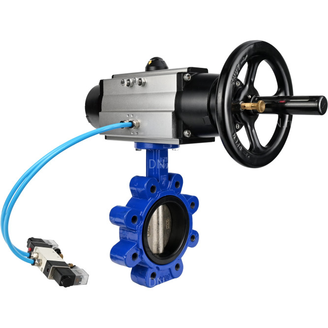 Затвор дисковый поворотный WBV1616N-2W-Fb-H Ду125 Ру16 LUG корпус - чугун QT450, диск - чугун QT450, уплотнение - NBR, с пневмоприводом PA-DA-105-1 и пневмораспределителем 4V320-10 AC220V в Хабаровске