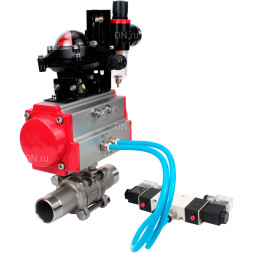 Кран шаровой BV3131P(3pc)-FP-W-ISO-H LONG Ду15 Ру63 полнопроходной, корпус - нержавеющая сталь 304, уплотнение - PTFE, под приварку, с пневмоприводом PA-DA-052, пневмораспределителем 4V320-08 AC220V, БКВ APL-210N и БПВ AFC2000