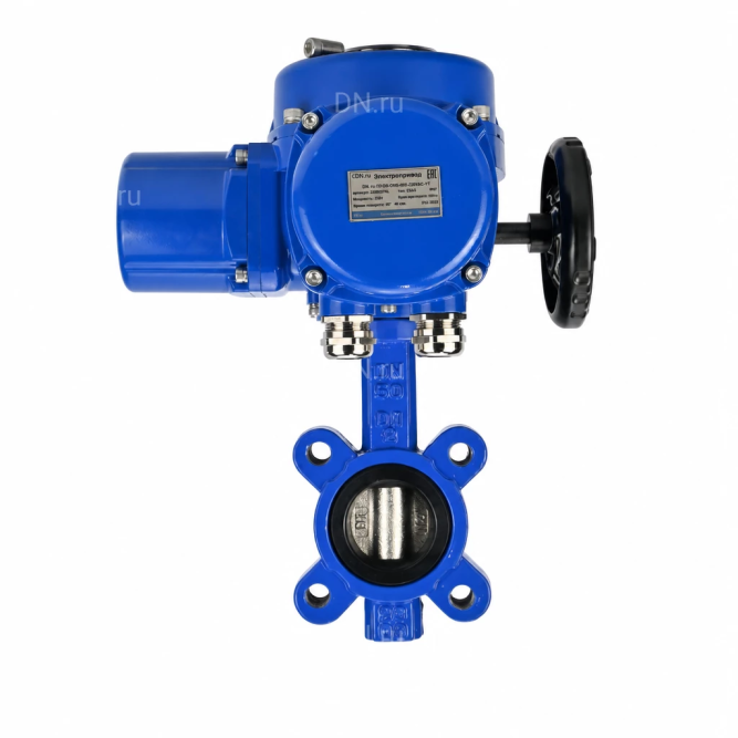 Затвор дисковый поворотный WBV1616E-2W-Fb-H Ду50 Ру16 LUG межфланцевый, корпус - чугун QT450, диск - чугун QT450, уплотнение - EPDM, с электроприводом QT-N-005M-O2-380VAC-У1 с моментной муфтой и штурвалом в Хабаровске