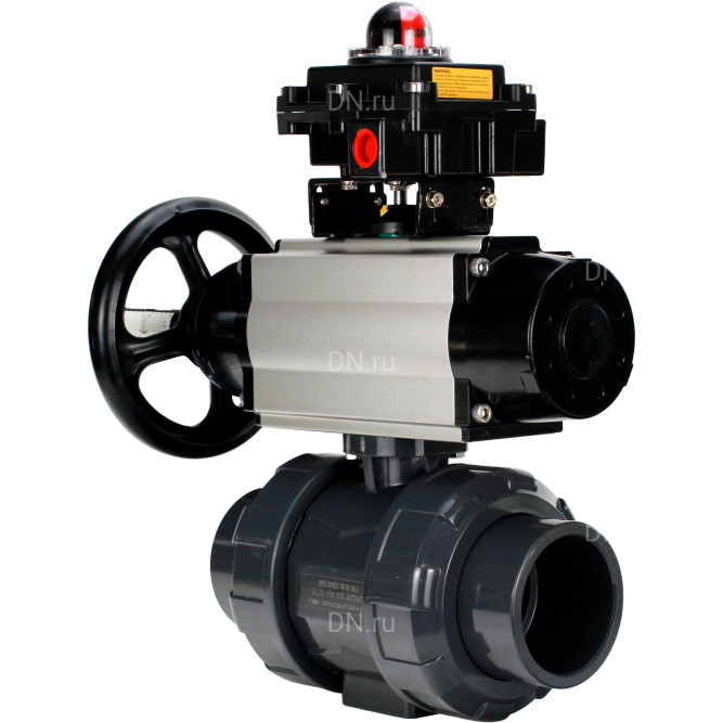 Кран шаровой BV4242E-FP-GRM-ISO Дн65 Ру10 полнопроходной, корпус - НПВХ, шар - НПВХ, уплотнение - EPDM, с пневмоприводом PA-DA-105-1, пневмораспределителем 4M310-08 DC24V и БКВ APL-410N EX в Хабаровске
