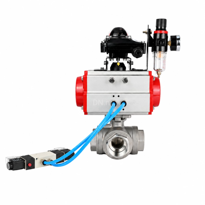 Кран шаровой BV3232P(4pc)-SP-3WL-T-ISO-H WDVF Ду65 Ру40 стандартнопроходной, 3-ходовой L-тип, внутренняя резьба, нержавеющая сталь AISI 316, PTFE, с пневмоприводом PA-SA-140, пневмораспределителем 4V320-10 AC220V, БКВ APL-210N и БПВ AFC2000 в Хабаровске