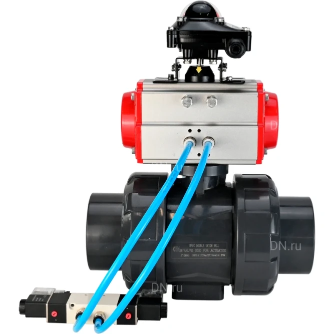 Кран шаровой BV4242E-FP-GRM-ISO Дн32 Ру10 полнопроходной, корпус - НПВХ, шар - НПВХ, уплотнение - EPDM, с пневмоприводом PA-DA-052, пневмораспределителем 4V320-10 AC220V и БКВ APL-210N в Хабаровске