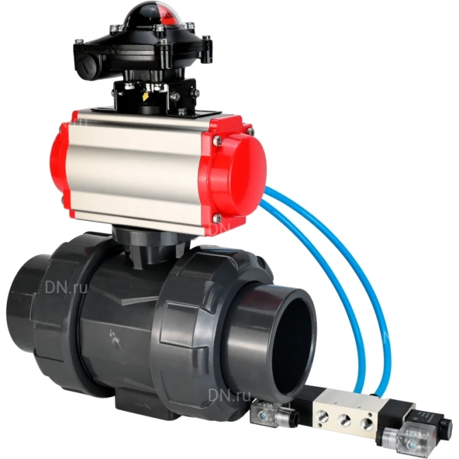 Кран шаровой BV4242E-FP-GRM-ISO Дн32 Ру10 полнопроходной, корпус - НПВХ, шар - НПВХ, уплотнение - EPDM, с пневмоприводом PA-DA-052, пневмораспределителем 4V320-10 AC220V и БКВ APL-210N в Хабаровске