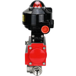 Кран шаровой BV3232P(4pc)-SP-3WL-T-ISO-H 1″ Ду25 Ру63 стандартнопроходной трехходовой L-тип, нержавеющая сталь SS316, внутренняя резьба, уплотнение - PTFE, с пневмоприводом PA-SA-52 и БКВ APL-510N-EX