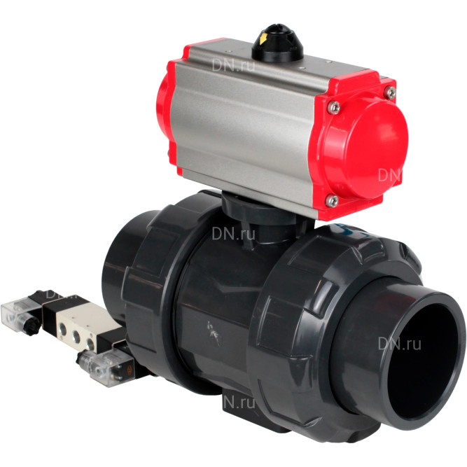 Кран шаровой BV4242E-FP-GRM-ISO Дн40 Ру10 полнопроходной, корпус - НПВХ, шар - НПВХ, уплотнение - EPDM, с пневмоприводом PA-SA-065 и пневмораспределителем 4V320-10 AC220V в Хабаровске