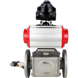 Кран шаровой BV3232P(4pc)-FP-3WL-F Ду80 Ру16 полнопроходной трехходовой, фланцевый, корпус - нержавеющая сталь SS316, с пневмоприводом PA-SA-140 с возвратными пружинами, пневмораспределителем 4V320-08 AC220V и БКВ APL-510N EX