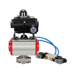Кран шаровой BV3232P(4pc)-SP-3WL-T-ISO-H Ду65 Ру40, стандартнопроходной, четырехсоставной, корпус - нержавеющая сталь 316, уплотнение - PTFE, внутренняя резьба, с пневмоприводом PA-SA-105, пневмораспределителем 4V320-10 AC220V, БКВ APL-410N Ex