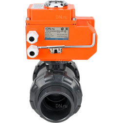 Кран шаровой BV4242E-FP-GRM-ISO Дн32 Ру10 полнопроходной, клеевой с разборным муфтовым соединением, корпус - НПВХ, шар - НПВХ, уплотнение - EPDM, с электроприводом QT-N-003EM-O1-24VDC-У1 HARK