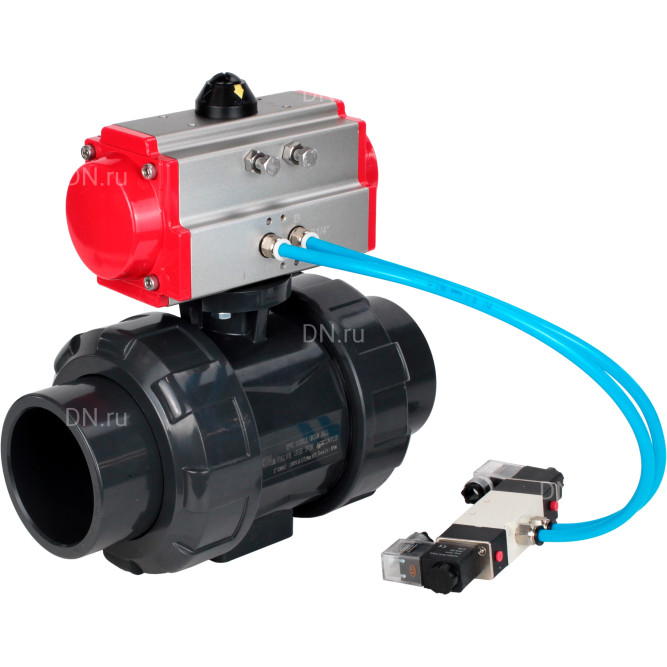 Кран шаровой BV4242E-FP-GRM-ISO Дн80 Ру10 полнопроходной, корпус - НПВХ, шар - НПВХ, уплотнение - EPDM, с пневмоприводом PA-SA-065 и пневмораспределителем 4V320-10 AC220V в Хабаровске