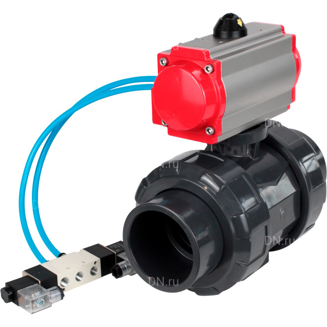 Кран шаровой BV4242E-FP-GRM-ISO Дн80 Ру10 полнопроходной, корпус - НПВХ, шар - НПВХ, уплотнение - EPDM, с пневмоприводом PA-SA-065 и пневмораспределителем 4V320-10 AC220V в Хабаровске