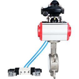 Затвор дисковый поворотный WBV3232P-2W-Fb-H Ду200 Ру16, корпус - нержавеющая сталь 316L, диск - нержавеющая сталь 316L, уплотнение - PTFE, с пневмоприводом PA-SA-210 с возвратными пружинами, с пневмораспределителем 4V320-08 AC220V, с БКВ APL-210N