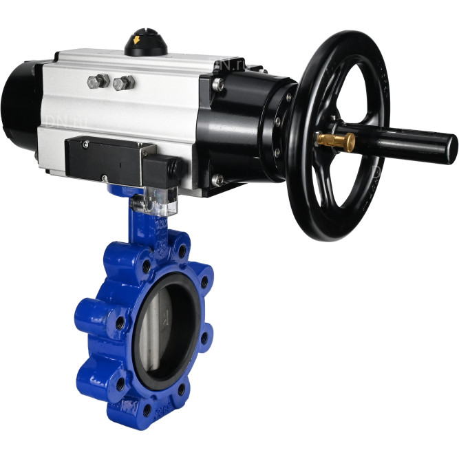 Затвор дисковый поворотный WBV1631E-2W-Fb-H Ду150 Ру16 LUG корпус - чугун QT450, диск - нержавеющая сталь 304, уплотнение - EPDM, с пневмоприводом PA-DA-105-1 и пневмораспределителем 4M310-08 AC220V в Хабаровске