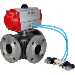 Кран шаровой BV3232P(4pc)-FP-3WL-F Ду100 Ру16 полнопроходной трехходовой, фланцевый, корпус - нержавеющая сталь SS316, с пневмоприводом PA-DA-105 двойного действия и пневмораспределителем 4V320-08 AC220V