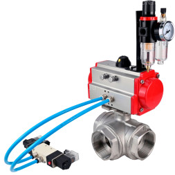 Кран шаровой BV3232P(4pc)-SP-3WL-T-ISO-H Ду65 Ру40, стандартнопроходной, четырехсоставной, корпус - нержавеющая сталь 316, уплотнение - PTFE, внутренняя резьба, с пневмоприводом PA-SA-105, пневмораспределителем 4V320-08 AC220V, БПВ AFC2000