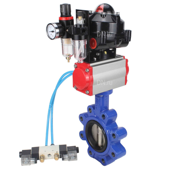 Затвор дисковый поворотный WBV1616E-2W-Fb-H Ду80 Ру16 LUG корпус - чугун QT450, диск - чугун QT450, уплотнение - EPDM, с пневмоприводом PA-DA-083, пневмораспределителем 4V320-10 AC220V, БКВ APL-510N EX и БПВ AFC2000 в Хабаровске