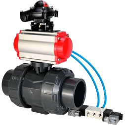Кран шаровой BV4242E-FP-GRM-ISO Дн25 Ру10 полнопроходной, корпус - НПВХ, шар - НПВХ, уплотнение - EPDM, с пневмоприводом PA-SA-052, пневмораспределителем 4V320-10 AC220V и БКВ APL-210N