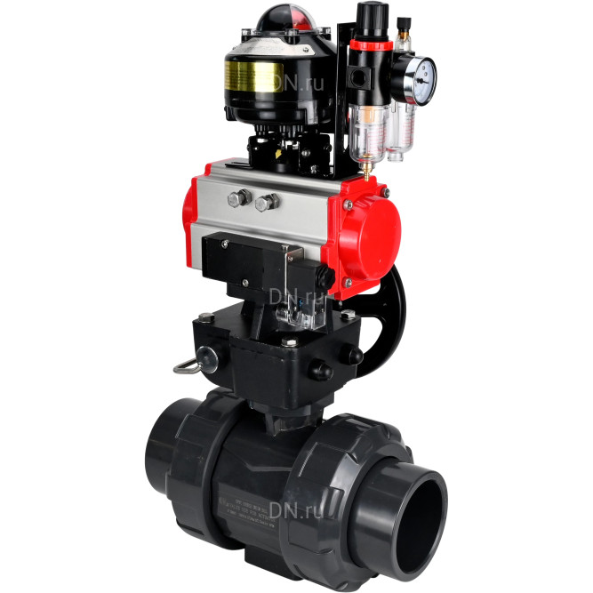 Кран шаровой BV4242E-FP-GRM-ISO Дн32 Ру10 полнопроходной, корпус - НПВХ, шар - НПВХ, уплотнение - EPDM, с пневмоприводом PA-DA-052, пневмораспределителем 4M310-08 AC220V, ручным дублером MON1-250-T26-ISO, БКВ APL-510N EX и БПВ AFC2000 в Хабаровске