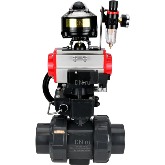 Кран шаровой BV4242E-FP-GRM-ISO Дн32 Ру10 полнопроходной, корпус - НПВХ, шар - НПВХ, уплотнение - EPDM, с пневмоприводом PA-DA-052, пневмораспределителем 4M310-08 AC220V, ручным дублером MON1-250-T26-ISO, БКВ APL-510N EX и БПВ AFC2000 в Хабаровске