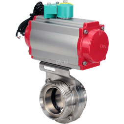 Затвор дисковый поворотный WBV3131S-2W-T-H Ду65 Ру10 резьбовой, пищевая нержавеющая сталь 304, уплотнение - Silicon, с пневмоприводом PA-DA-052, пневмораспределителем 4M310-08 DC24V и магнитным переключателем ALS200D