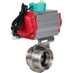 Затвор дисковый поворотный WBV3131S-2W-T-H Ду65 Ру10 резьбовой, пищевая нержавеющая сталь 304, уплотнение - Silicon, с пневмоприводом PA-DA-052, пневмораспределителем 4M310-08 DC24V и магнитным переключателем ALS200D