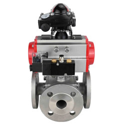Кран шаровой BV3232P(4pc)-FP-3WL-F Ду100 Ру16 полнопроходной трехходовой, фланцевый, корпус - нержавеющая сталь SS316, с пневмоприводом PA-DA-105 двойного действия, пневмораспределителем 4M310-08 DC24V и БКВ APL-210N