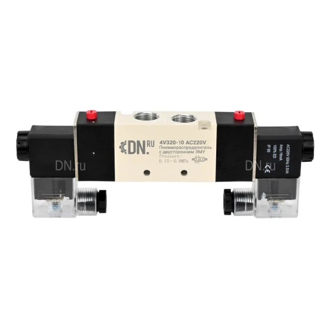 Пневмораспределитель 4V320-10 AC220V 3/8″ бистабильный, пятиканальный, с двусторонним ЭМУ (подключение со шлангами) в Хабаровске