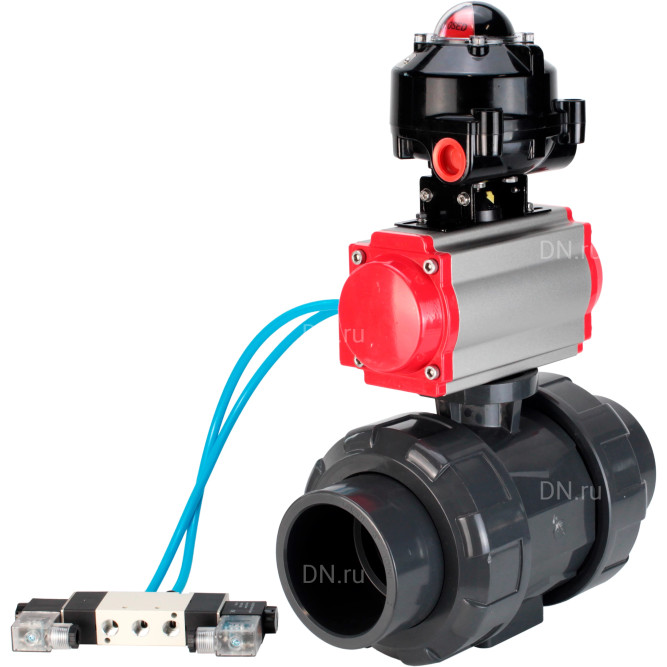Кран шаровой BV4242E-FP-GRM-ISO Дн15 Ру10 полнопроходной, корпус - НПВХ, шар - НПВХ, уплотнение - EPDM, с пневмоприводом PA-SA-052, пневмораспределителем 4V320-10 AC220V и БКВ APL-510N EX в Хабаровске