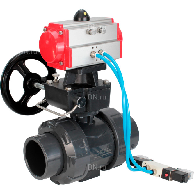 Кран шаровой BV4242E-FP-GRM-ISO Дн25 Ру10 полнопроходной, корпус - НПВХ, шар - НПВХ, уплотнение - EPDM, с пневмоприводом PA-DA-052, пневмораспределителем 4V320-08 AC220V и ручным дублером MON1-250-T26-ISO в Хабаровске