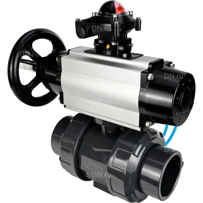 Кран шаровой BV4242E-FP-GRM-ISO Дн15 Ру10 полнопроходной, корпус - НПВХ, шар - НПВХ, уплотнение - EPDM, с пневмоприводом PA-DA-105-1, пневмораспределителем 4V320-10 AC220V и БКВ APL-210N в Хабаровске