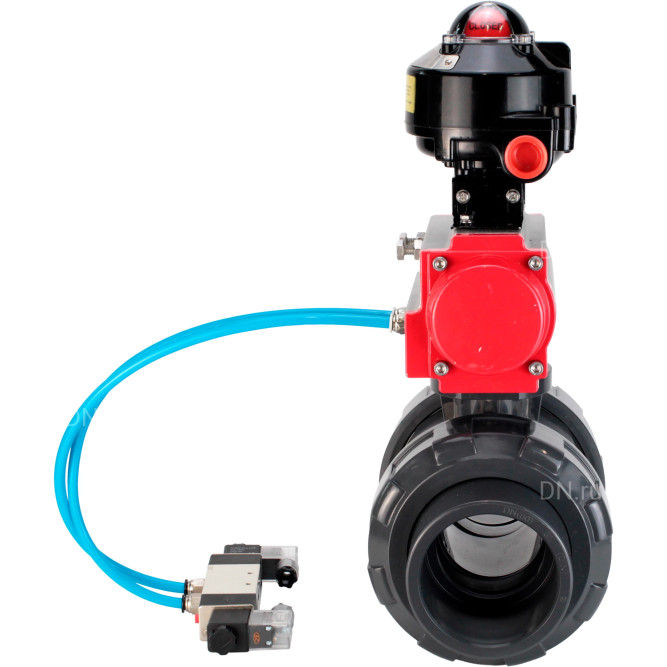 Кран шаровой BV4242E-FP-GRM-ISO Дн25 Ру10 полнопроходной, корпус - НПВХ, шар - НПВХ, уплотнение - EPDM, с пневмоприводом PA-SA-052, пневмораспределителем 4V320-10 AC220V и БКВ APL-510N EX в Хабаровске