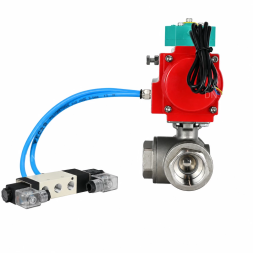 Кран шаровой BV3232P(4pc)-SP-3WL-T-ISO-H WDVF Ду32 Ру63 стандартнопроходной, 3-ходовой L-тип, внутренняя резьба, нержавеющая сталь AISI 316, с пневмоприводом PA-DA-083, пневмораспределителем 4V320-08 AC220V и магнитным переключателем ALS200D