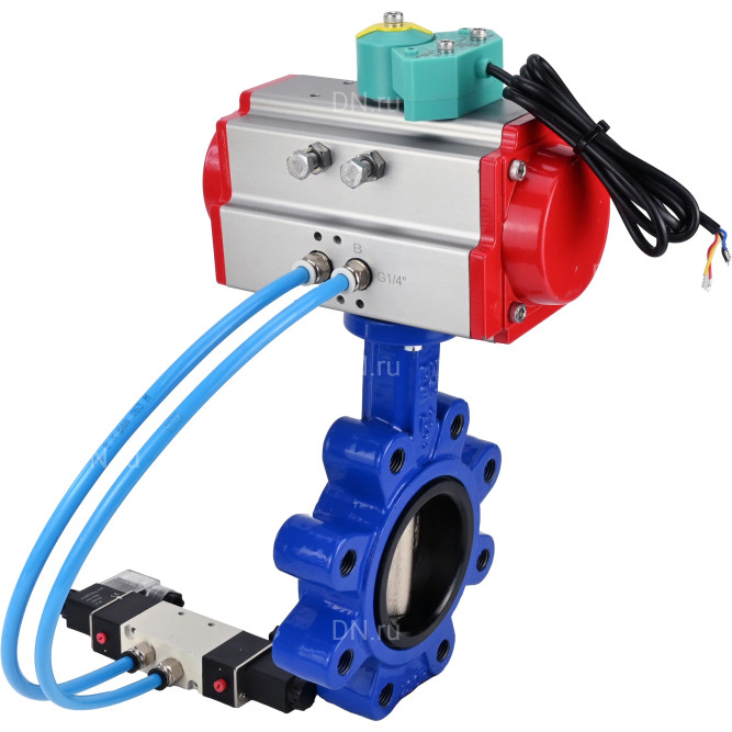 Затвор дисковый поворотный WBV1616N-2W-Fb-H Ду100 Ру16 LUG корпус - чугун QT450, диск - чугун QT450, уплотнение - NBR, с пневмоприводом PA-DA-083, пневмораспределителем 4V320-10 AC220V и магнитным переключателем ALS200D в Хабаровске