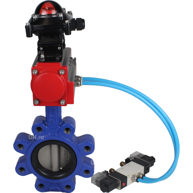 Затвор дисковый поворотный WBV1631N-2W-Fb-H Ду65 Ру16 LUG корпус - чугун QT450, диск - нержавеющая сталь 304, уплотнение - NBR, с пневмоприводом PA-DA-065, пневмораспределителем 4V320-10 AC220V и БКВ APL-210N в Хабаровске