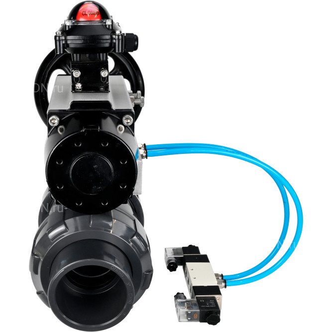 Кран шаровой BV4242E-FP-GRM-ISO Дн32 Ру10 полнопроходной, корпус - НПВХ, шар - НПВХ, уплотнение - EPDM, с пневмоприводом PA-DA-105-1, пневмораспределителем 4V320-10 AC220V и БКВ APL-210N в Хабаровске
