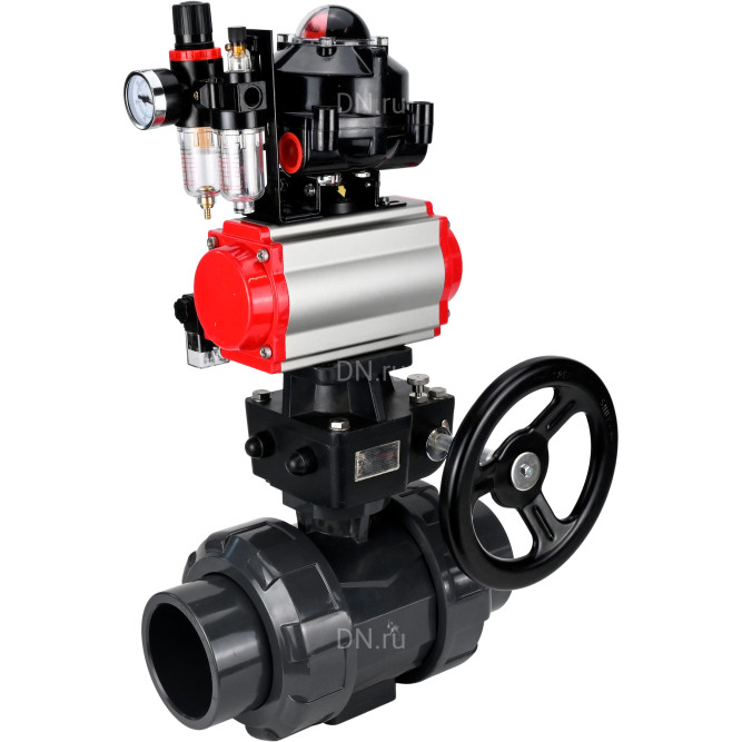 Кран шаровой BV4242E-FP-GRM-ISO Дн40 Ру10 полнопроходной, корпус - НПВХ, шар - НПВХ, уплотнение - EPDM, с пневмоприводом PA-DA-052, пневмораспределителем 4M310-08 DC24V, ручным дублером MON1-250-T26-ISO, БКВ APL-510N EX и БПВ AFC2000 в Хабаровске