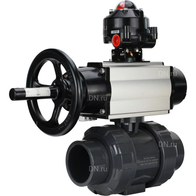 Кран шаровой BV4242E-FP-GRM-ISO Дн32 Ру10 полнопроходной, корпус - НПВХ, шар - НПВХ, уплотнение - EPDM, с пневмоприводом PA-DA-105-1, пневмораспределителем 4M310-08 AC220V и БКВ APL-510N EX в Хабаровске