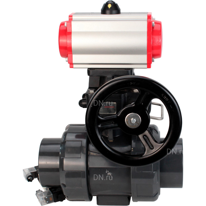 Кран шаровой BV4242E-FP-GRM-ISO Дн100 Ру10 полнопроходной, корпус - НПВХ, шар - НПВХ, уплотнение - EPDM, с пневмоприводом PA-DA-065, пневмораспределителем 4V320-08 AC220V и ручным дублером MON1-250-T26-ISO в Хабаровске