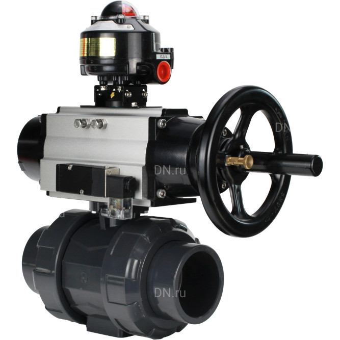 Кран шаровой BV4242E-FP-GRM-ISO Дн40 Ру10 полнопроходной, корпус - НПВХ, шар - НПВХ, уплотнение - EPDM, с пневмоприводом PA-DA-105-1, пневмораспределителем 4M310-08 AC220V и БКВ APL-510N EX в Хабаровске