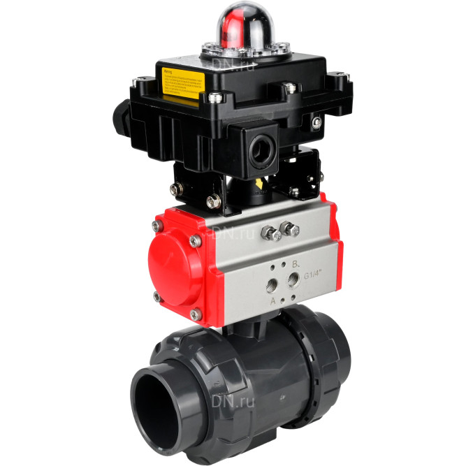 Кран шаровой BV4242E-FP-GRM-ISO Дн20 Ру10 полнопроходной, корпус - НПВХ, шар - НПВХ, уплотнение - EPDM, с пневмоприводом PA-SA-052 и БКВ APL-410N EX в Хабаровске