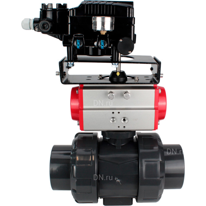 Кран шаровой BV4242E-FP-GRM-ISO Дн15 Ру10 полнопроходной, корпус - НПВХ, шар - НПВХ, уплотнение - EPDM, с пневмоприводом PA-DA-052 и пневмопозиционером YT-1000RSN с обратной связью в Хабаровске